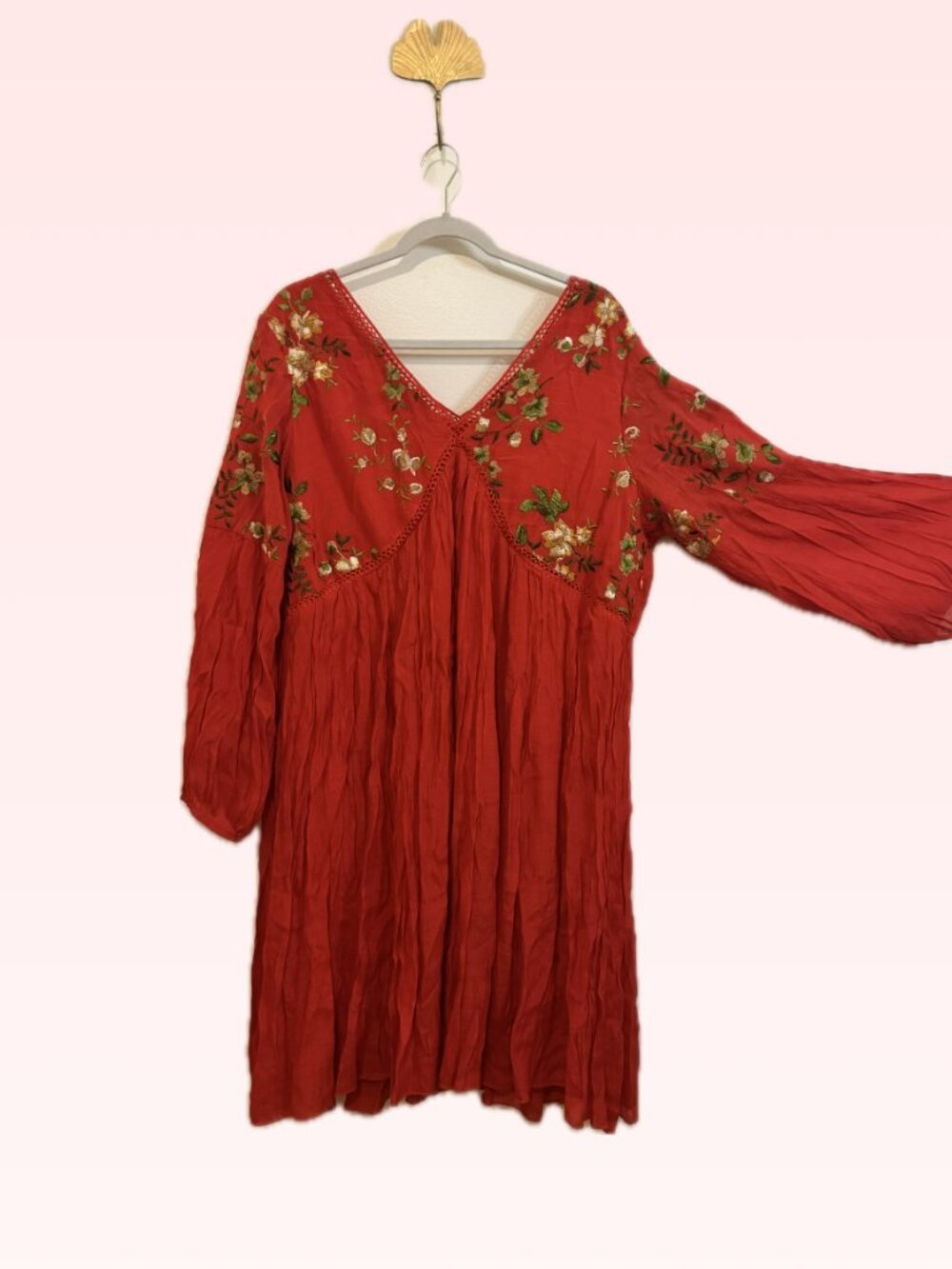 J Gee Poppy Red Embroidered Peasant Midi Dress 2X Boho NWT